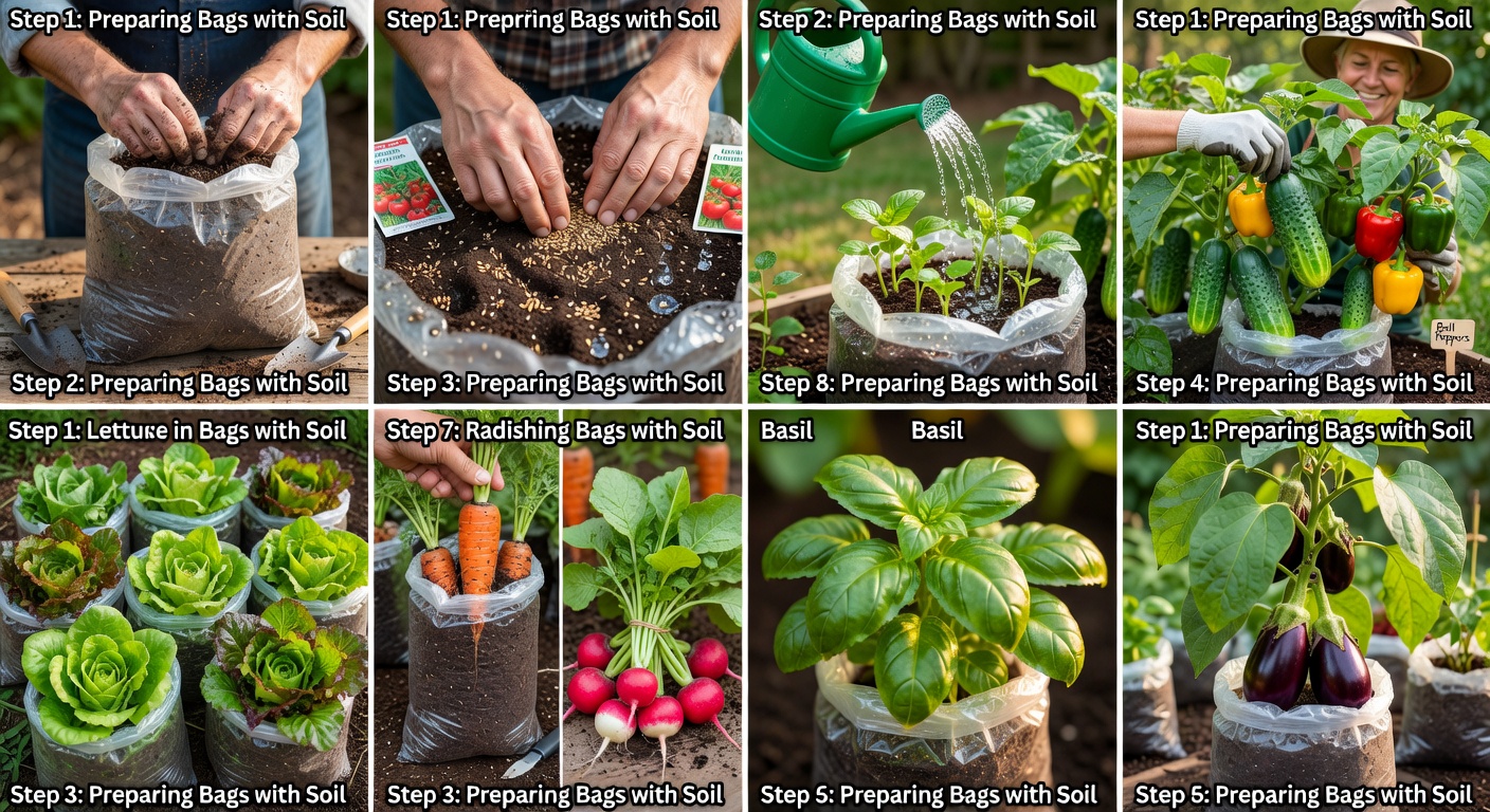 Healthy eggplant plants growing in large plastic bags on a sunny terrace