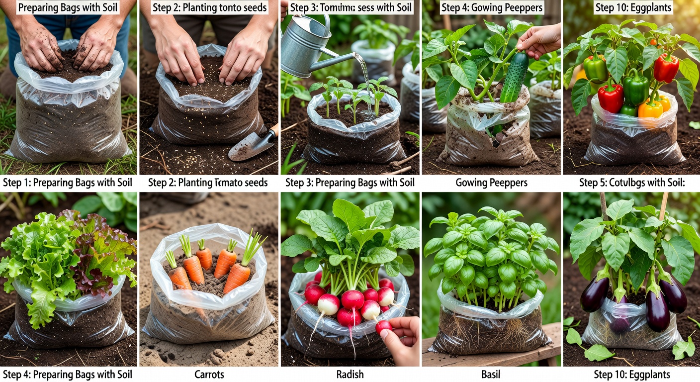 Lettuce plants thriving in plastic bag containers
