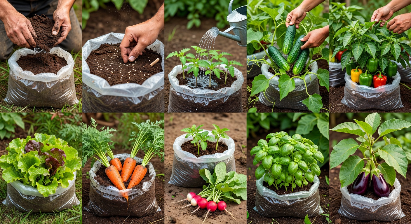 Tomato seeds being pressed carefully into prepared soil in a plastic grow bag