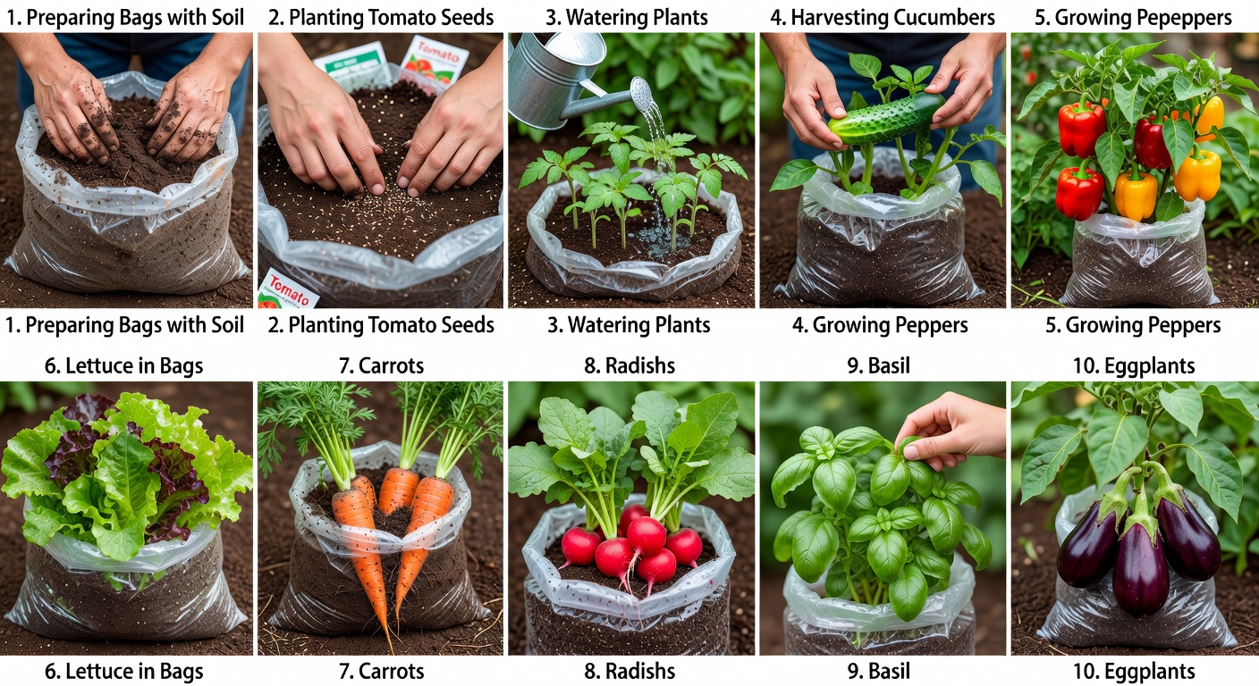 Filling a plastic grow bag with potting soil using a trowel